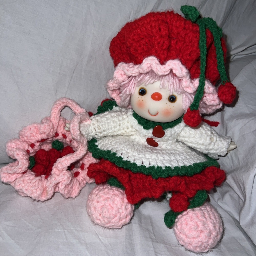 Vintage Strawberry Shortcake Handmade Crochet Doll Pink Hair Vinyl head & hands